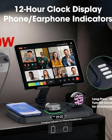 30W Tablet Wireless Charger for Samsung, Foldable Android Charging Station with Clock Display with 7-Color Light, Wireless Watch Charger for S25, Only Compatible Samsung Watch, Galaxy Buds3 Pro(Black