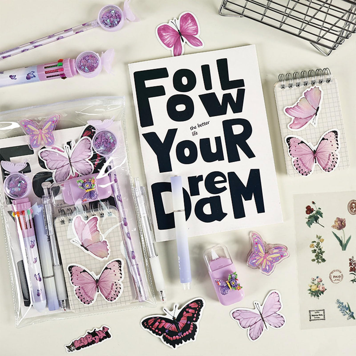 MOZXIRZ 9 Pcs Cute Butterfly Stationery Set for Women Back to School Supplies Office Supplies Kawaii Stationery Gift (Butterfly-Purple)