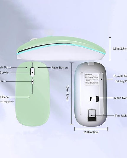 Wireless Bluetooth Mouse Rechargeable Laptop Mice with LED Lights Silent Slim Use(BT5.2 and 2.4G Portable USB) Dual Mode Computer Mouse for Laptop/iPad/Tablet/Apple/Computer/Mac (Green)