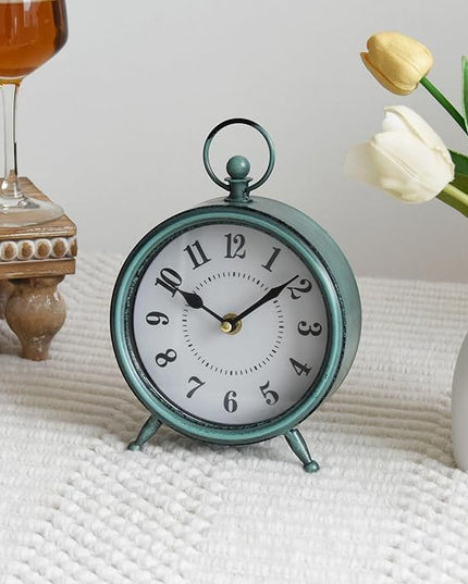 MACVAD Vintage Small Rustic Green Table Clock on Stand - Decorative Desk and Shelf Clock, Battery Operated, Silent Non-Ticking Timepiece Perfect for Office, Living Room, and Bedroom Decor