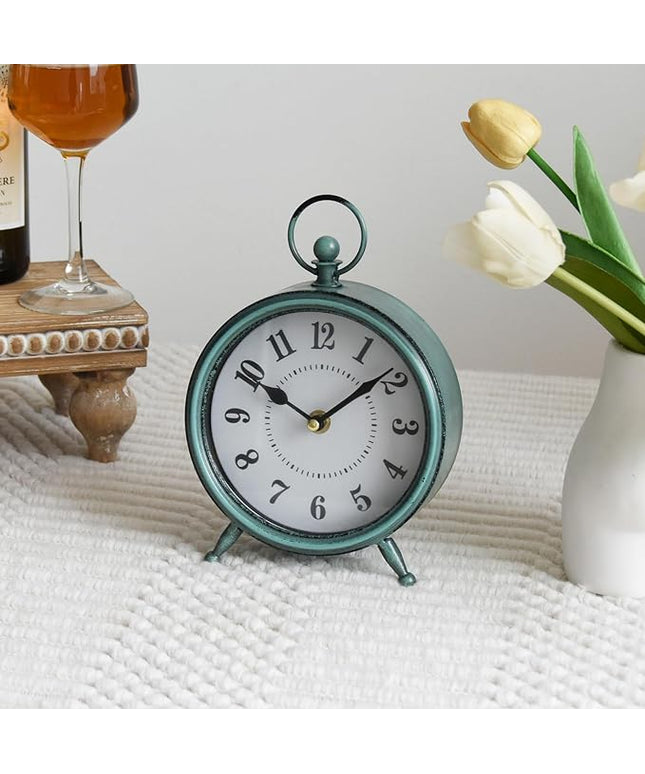 MACVAD Vintage Small Rustic Green Table Clock on Stand - Decorative Desk and Shelf Clock, Battery Operated, Silent Non-Ticking Timepiece Perfect for Office, Living Room, and Bedroom Decor