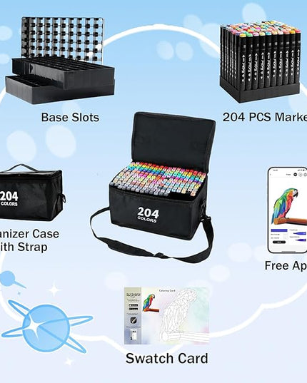 204 Colors Alcohol Markers, Art Markers for Artists with Coloring App, Dual Tip Marker for Adult Painting Sketching Drawing with Travel Case Great Gift Idea
