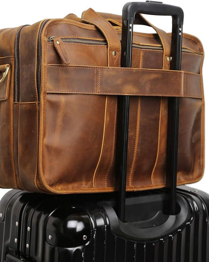 Polare 17'' Full Grain Leather Briefcase Laptop Attache Case Messenger Bag For Men Fits 15.6'' Laptop
