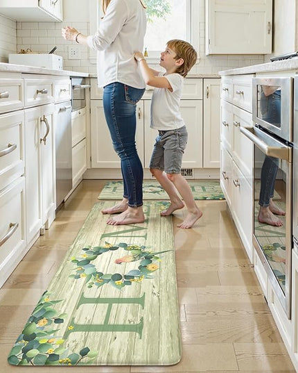 KIMODE Anti Fatigue Kitchen Mats for Floor 2 Piece,Farmhouse Spring Rugs Non Slip,Cushioned Memory Foam Carpet for Sink Laundry Office Bathroom,Green 17"x47"+17"x29"
