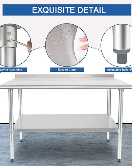 HARDURA Stainless Steel Prep & Work Table 30 x 48 Inches NSF Heavy Duty Commercial with Undershelf and Backsplash, Galvanized Legs for Commercial Food Prep