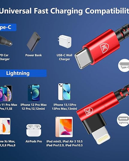 90 Degree USB C to Lightning Cable 10FT, iPhone Charger [Apple MFi Certified] 3Pack Fast Charging Cables Cord, Right Angle Braided USB C Lightning Cable for iPhone 14/13/12/11/Pro Max/Plus/8/7-Red