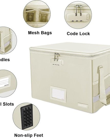 ENGPOW File Box with Lock,Fireproof Document Box with Zipper Lid,Collapsible File Storage Organizer Filing Cabinet with Handles,Portable Home Office Safe for Hanging Letter/Legal Folders,Beige,2 Pack