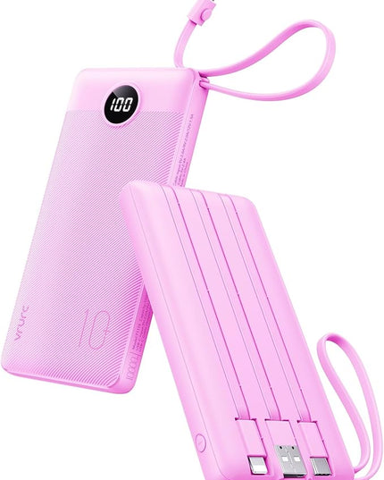 VRURC Portable Charger 10000mAh, Travel Essentials Battery Pack, 5 Output 2 Input Power Bank, Built-in Micro & USB C Cables Phone Charger Compatible with iPhone,Samsung,Android-Purple(1 Pack)