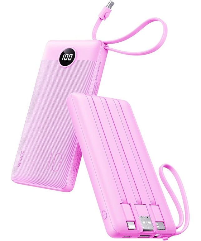 VRURC Portable Charger 10000mAh, Travel Essentials Battery Pack, 5 Output 2 Input Power Bank, Built-in Micro & USB C Cables Phone Charger Compatible with iPhone,Samsung,Android-Purple(1 Pack)