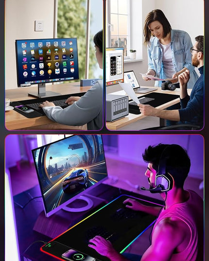 2-in-1 RGB Gaming Mouse Pad with Wireless Charging, 31.5"x15.8" Large, 24 Light Effects, Non-Slip Base, Waterproof Ultra-Smooth Surface, No Adapter