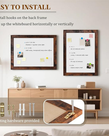White Board for Wall, 24'' x 18'' Magnetic Dry Erase Board, Decorative Whiteboard, Brown Vintage Wooden Frame