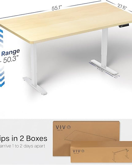 VIVO Electric 55 x 28 in Dual Motor Sit Stand Desk, Memory Height Adjustment, 2B Series, Light Wood Top White Frame, DESK-KIT-2W55C