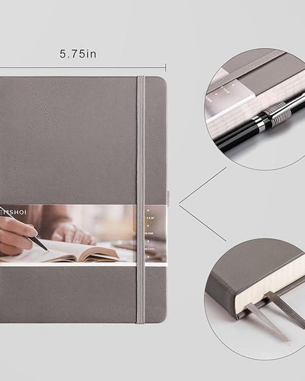 EMSHOI Graph Paper Notebook 256-Page A5 Grid Journal, PU Leather Hardcover 120gsm Thick, Bleed-Resistant Paper, Portable 5.75” x 8.38” Size for Work, Math, Engineering– Dark Grey