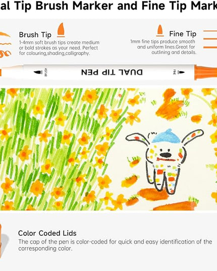 Shuttle Art Dual Tip Brush Pens, 70 Colors, Fine and Brush Dual Tip Markers Set, Portable Storage Case, Ideal for Calligraphy, Coloring, Doodling, Writing