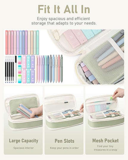 Four Candies 39 PCS Aesthetic School Supplies with Cute Pen Case, 12 Pastel Highlighters, 5 Black Ink Gel Pens, 6 Mechanical Pencils Set for Students Stationary College Essentials (Green)