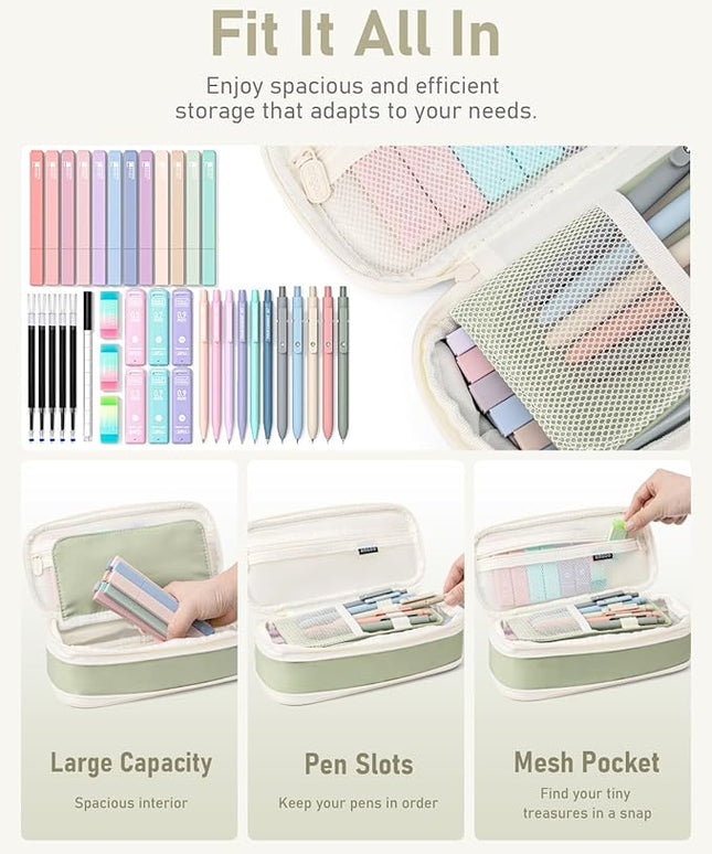 Four Candies 39 PCS Aesthetic School Supplies with Cute Pen Case, 12 Pastel Highlighters, 5 Black Ink Gel Pens, 6 Mechanical Pencils Set for Students Stationary College Essentials (Green)