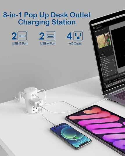 Jgstkcity 2.5 inch Hole Pop up Outlet for Countertop,20W USB C,4 USB Ports,4 Outlets 15Amp Receptacle Flush Mount,Space Saver Recessed Outlet,1875W,ETL Listed,2 PCS (White, 20W USB)