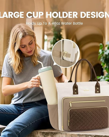 LOVEVOOK Teacher Tote Bag for Women Work, Laptop Bag With Large Cup Holder, Nurse Bags Professional Briefcase Business Computer Purses Handbag Gifts,Khaki-Beige-Coffee,15.6 Inch