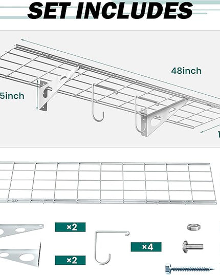 EVERHANGER Garage Wall Shelves, 12 X 48 Inch Wall Mounted Storage Shelves, Heavy Duty Metal Shelving with Hooks, 2 Pack, White