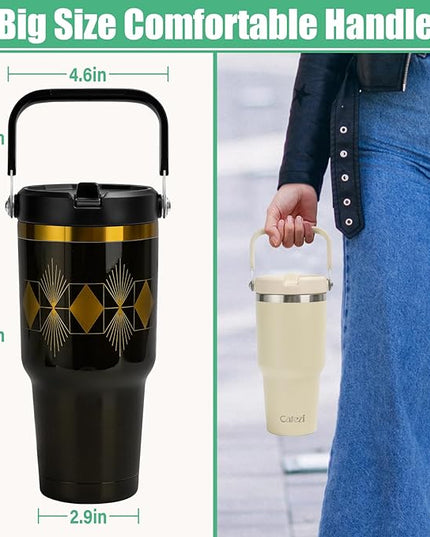 30 oz Tumbler with Lid and Straw, Stainless Steel Vacuum Insulated Tumblers with Flip Straw and Top Handle, Reusable Insulated Water Bottle for Home, Office, Leakproof, Fit in Cup Holder