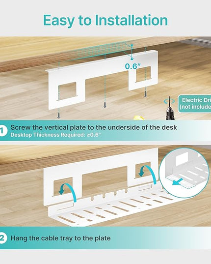 Under Desk Cable Management Tray, 15.7 Inches Metal Cord Organizer Rack, Desk Tray for Power Strip, Cord, Wire, Easy Mounting Cable Management Under Table for Home Office, White