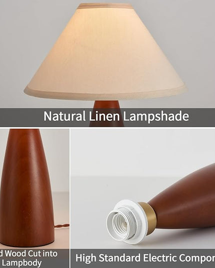 Bedside Table Lamp for Bedroom, Mid-Century Modern Plug in Fabric Shade & Solid Wood Base Desk Lamp, Plug & Play Red Wood Nightstand Lamp for Living Room, Office 【Bulb Included】