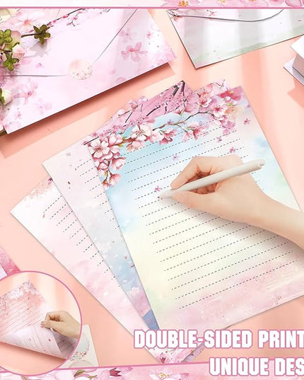 TaoBary 160 Pcs Stationery Paper Set 50 Double Sided Stationery Papers with 50 Matching Envelopes and 60 Round Dot Sticker, 10 Design(Cherry Blossom,8.5 x 11 Inch)