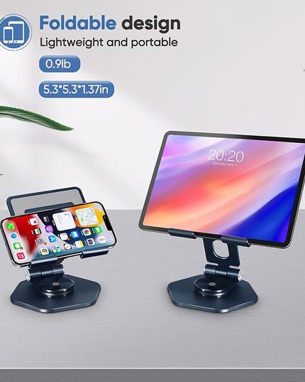 Foldable Aluminum Tablet Stand for Desk, 360° Swivel iPad & Tablet Holder – Portable & Stable Desktop Mount for 5–12.9in Devices, Dark Grey
