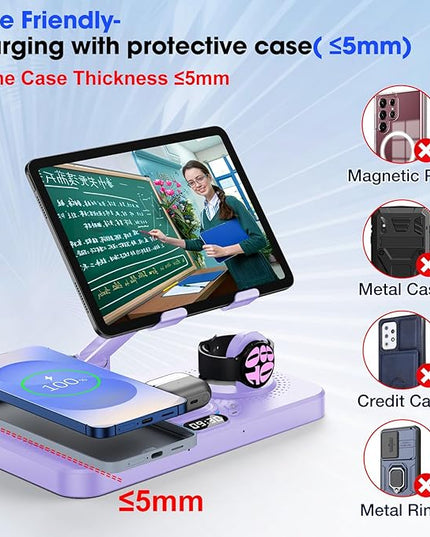 30W Tablet Wireless Charger for Samsung, Foldable Android Charging Station with Clock Display with 7-Color Light, Wireless Watch Charger for S25, Only Compatible Samsung Watch,Galaxy Buds3 Pro(Lilac
