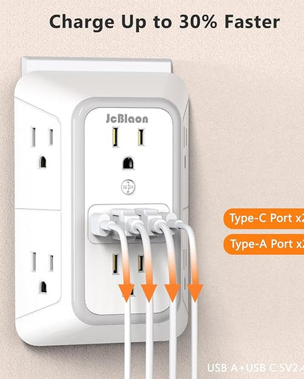 USB Wall Charger Power Strip Surge Protector with 4 USB Ports (2 USB C) Plug Extension Multiple Outlets Plug Extension Multi Outlet Plug in Adapter Spaced Outlets for Home Office Travel,White (White)