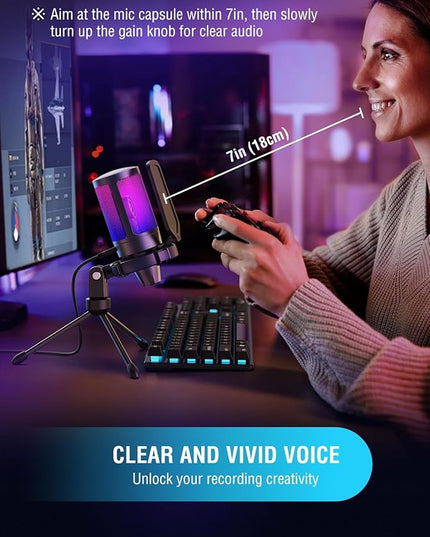 FIFINE Gaming USB Microphone for PC PS5, Condenser Mic with Quick Mute, RGB Indicator, Tripod Stand, Pop Filter, Shock Mount, Gain Control for Streaming Discord Twitch Podcasts Videos- AmpliGame