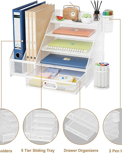 Marbrasse Desk Organizer with File Holder, 5-Tier Paper Letter Tray Organizer with Drawer and 2 Pen Holder,Mesh Desk Organizers and Accessories,Desktop Organizer and Storage for Office Supplies(White)