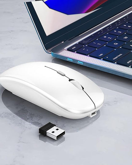 Wireless Bluetooth Mouse Rechargeable Laptop Mice Silent Slim Use(BT5.2 and 2.4G Portable USB Receiver) Dual Mode Computer Mouse for Laptop/iPad/Tablet/Apple/Computer/Mac(Bright White)