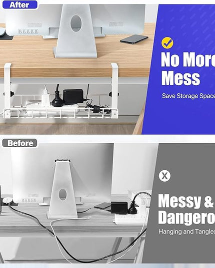 Under Desk Cable Management Tray 2 Pack, Xpatee Upgraded Wire Management No Drill No Screws, Cable Tray with Clamp for Wire Organizers, Computer Cord Rack for Office, Home - No Damage to Desk White