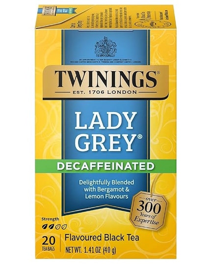 Twinings Decaffeinated Lady Grey Black Tea Individually Wrapped Bags, 20 Count (Pack of 1), Orange Peel & Lemon Peel, Enjoy Hot or Iced, 20 Teabags