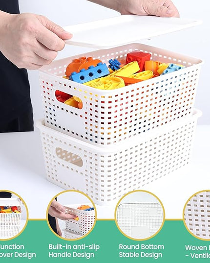Plastic Storage Baskets with Lid - Plastic Storage Containers Stackable Storage bins: Storage Baskets for Organizing Shelves Drawers Desktop Closet Playroom Classroom Office, 8 Pack-White