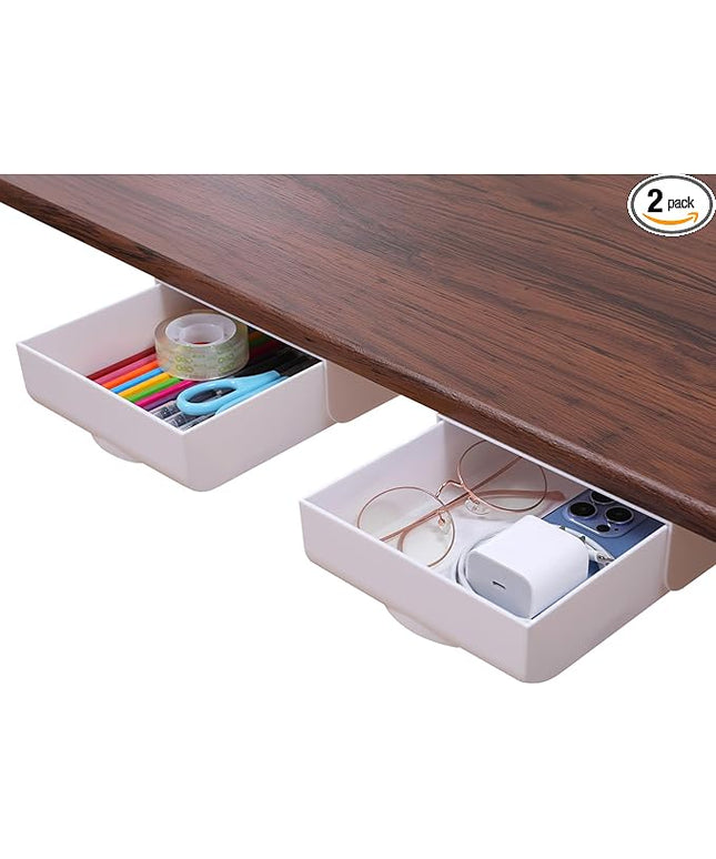 LuluEasy 2 Pack Under Desk Drawer Self-Adhesive Desktop Storage Organizer, Hidden Attachable Slide Out Desk Drawer, Under Table Tray for Pencil Pen Stationery Office Organization, White
