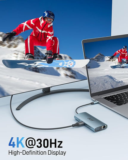 Acer USB C Hub with 4k HDMI, 9-in-1 USB C to Ethernet Adapter, 5Gbps USBA 3.0 Docking Station, VGA Splitter, SD Card Reader, PD 100W Charging for MacBook, Acer, Laptops, Surface and More