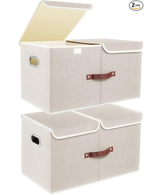 TYEERS Extra Large Collapsible Storage Bins with Lids and Compartments, Washable, Fabric Storage Boxes, 21.7x13x11.8 inches, 2 Pack, Beige