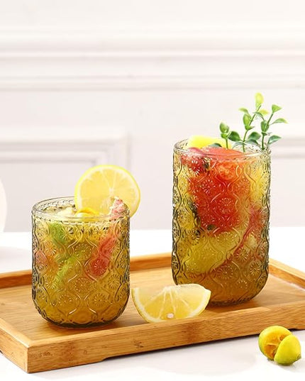 Green Drinking Glasses Set of 12, 12 Oz Highball & 10 Oz Cocktail Glasses, Green Kitchen Vintage Glassware Set, Floral Embossed Glass Tumbler Cups for Water, Beer, Juice, Whiskey, Coffee