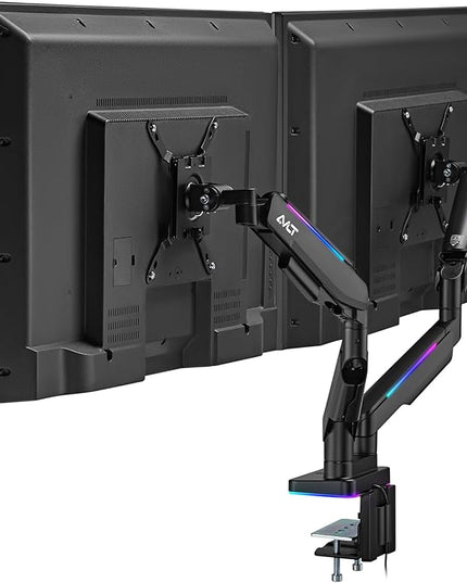 AVLT RGB Lights Dual 17”-43” Gaming Monitor Arm Desk Mount, Fits Two Flat/Curved/Ultrawide Screen up to 44lbs(20kg), Height Swivel Tilt Adjustable Stand - Black