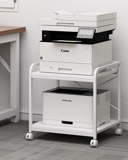 20 Inches Deep Large Printer Stand, 2 Tier Under Desk Printer Table with Height Adjustable Shelf, Rolling Printer Cart with Wheels for Home Office Storage - White