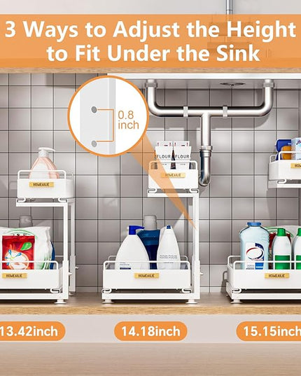 Under Sink Organizer, High Adjustable 2 Tier Under Kitchen Sink Organizer, Multi-Purpose Storage Shelf for Kitchen Bathroom Cabinet, White