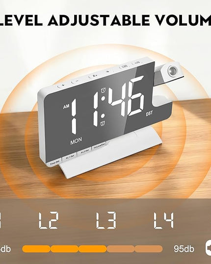 SZELAM Digital Clock,Alarm Clock Bedside with Projection,7.3" Mirror Clock with 180°Rotating Projector,Dual Alarm with 3 Mode,Brightnee Adjust,DST,Snooze,Charging Port,5 Levels Volume for Desk Teens