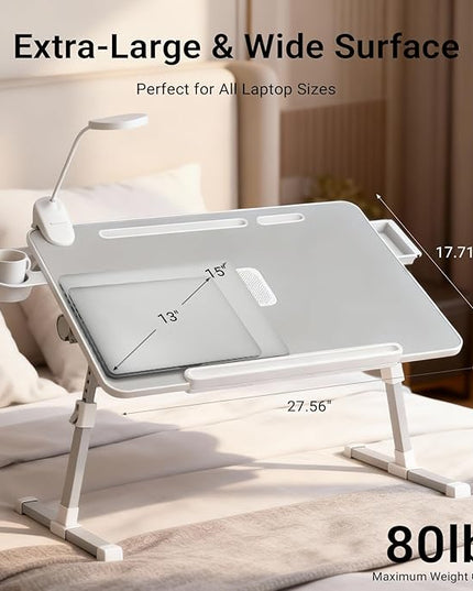 iXTRA Laptop Lap Desk with Cooling Fan - Adjustable Bed Desk with Light, Bed Table with Cup Holder&Phone Holder - Storage Drawer Desk - Folding Bed Desk,Grey,70x45cm