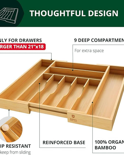 ROYAL CRAFT WOOD Luxury Bamboo Kitchen Drawer Organizer - Silverware Organizer, Utensil Holder & Cutlery Tray Drawer Dividers for Flatware (9 Slot, Natural)