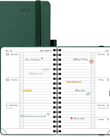 POPRUN 2026 Pocket Planner, (Small Size-4'' x 6.25'') - Daily Weekly and Monthly Calendar Agenda 2026 Appointment Book with Monthly Tabs, Spiral Soft Cover, Inner Pocket, 100 GSM - Army Green