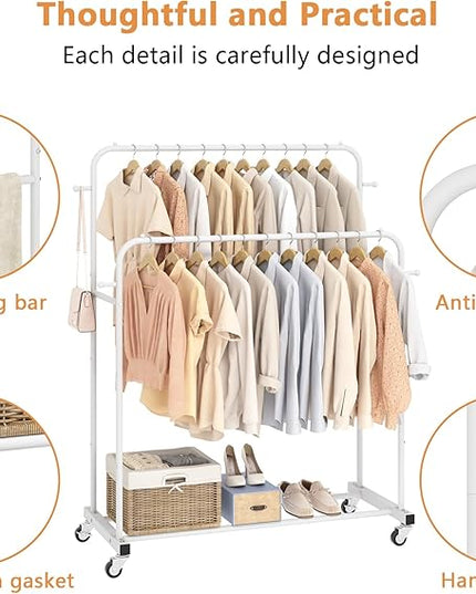 Laiensia Double Rods Garment Rack with Wheels, Clothing Rack for Hanging Clothes,4 Hooks, Multi-functional Bedroom Clothes Rack, White