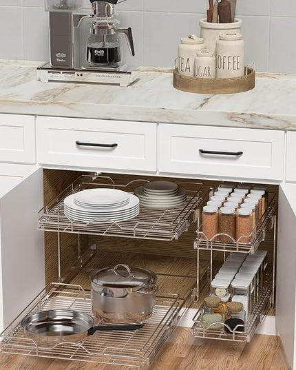 OCG 2 Tier Pull Out Cabinet Organizer (18.5" W x 18" D), Pull Out Drawers for Kitchen Cabinets, Pull Out Shelves for Base Cabinet Organization in Kitchen Bathroom Pantry, Chrome Finish