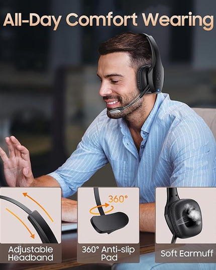 Trucker Bluetooth Headset, Wireless Headset with Mic, Bluetooth Headsets with Dual Noise Cancelling Microphone & Mute Button, 55Hrs Working Time PC Headsets for Cell Phones, Computer, Truck Driver